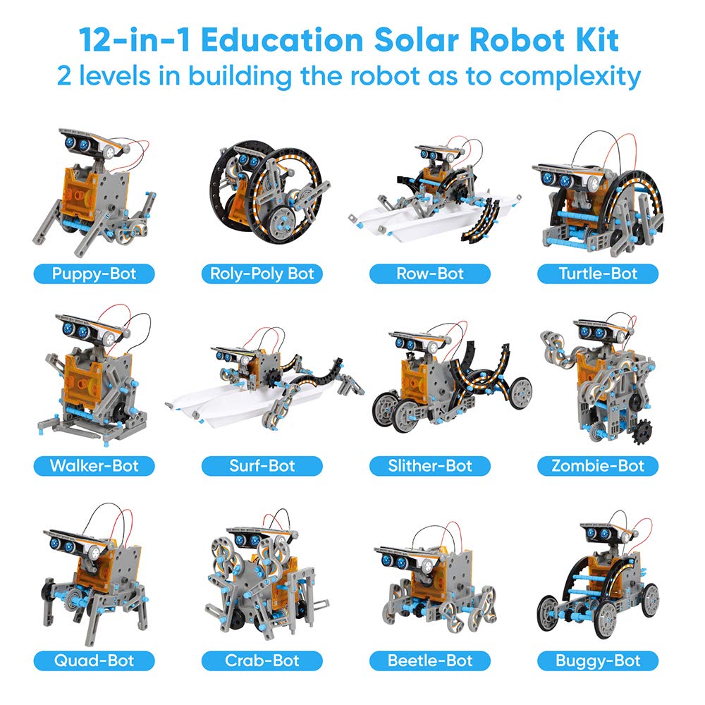 STEM Toy Build 12 Solar-Powered Robots Kit, Kids 8-13, Science Project or Gift