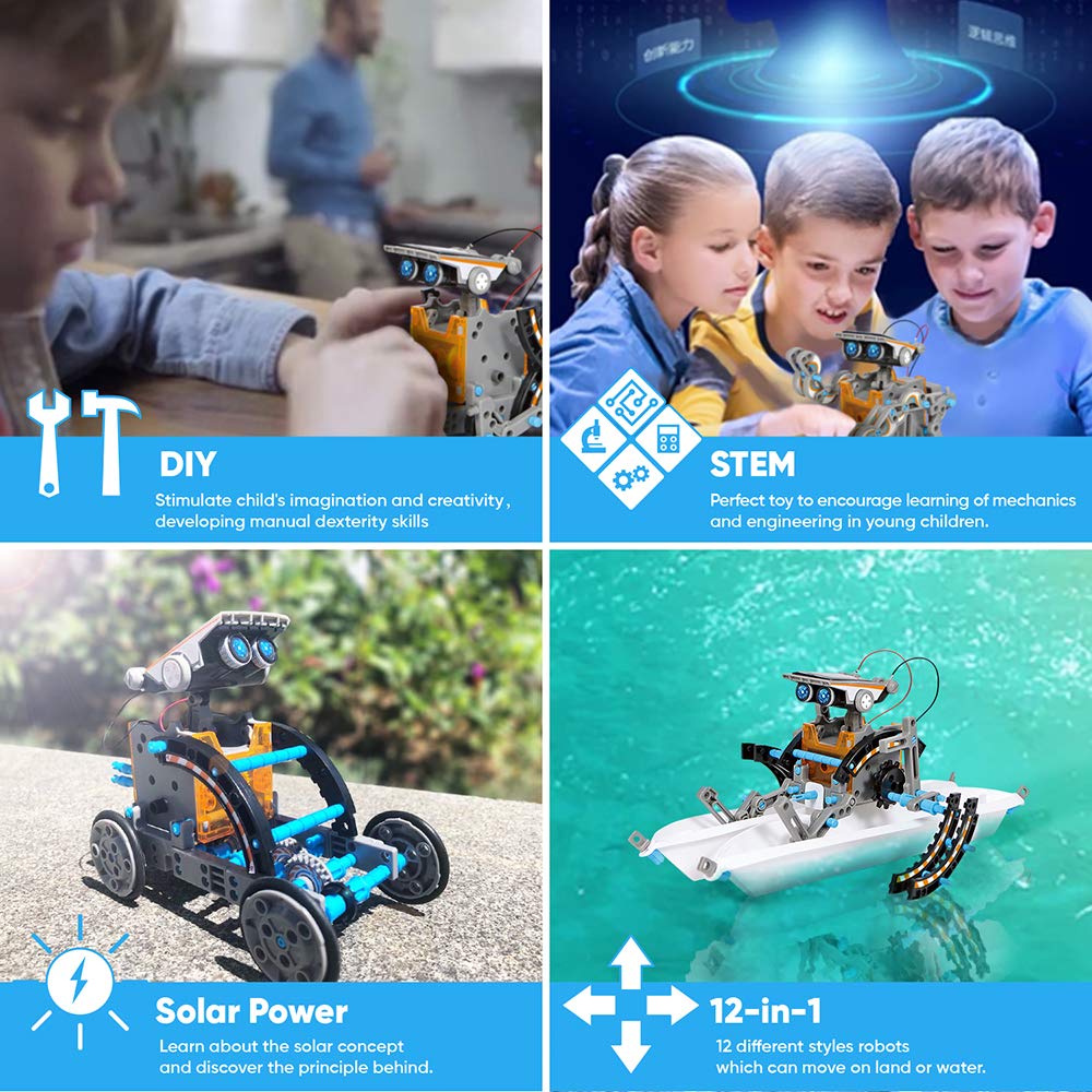 STEM Toy Build 12 Solar-Powered Robots Kit, Kids 8-13, Science Project or Gift